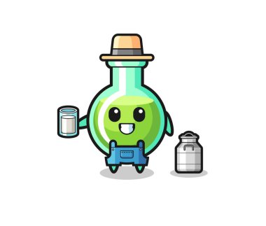 Süt çiftçisi olarak laboratuvar beherleri karikatürü, şirin tasarım.