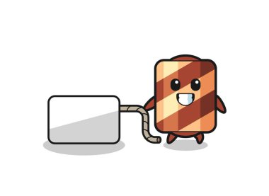 Gofret rulo çizgi filmi bir afiş çekiyor, şirin bir tasarım.