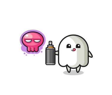 Hayalet karikatürü sprey boyalı bir grafiti yapıyor, şirin bir tasarım.