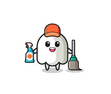 Temizlik hizmetleri maskotu olarak sevimli hayalet karakter, şirin tasarım.