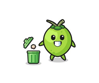 Çöp tenekesine çöp atan hindistan cevizi çizimi, şirin tasarım.