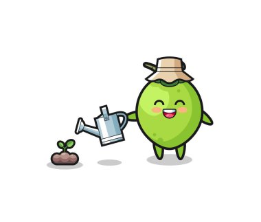 Şirin hindistan cevizi bitki tohumlarını suluyor, şirin tasarım.