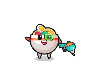 Gelecekteki savaşçı maskotu rolünde erişte kasesi çizgi filmi, şirin bir tasarım.