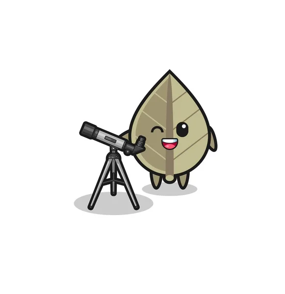Dried Leaf Astronomer Mascot Modern Telescope Cute Design — Stock Vector