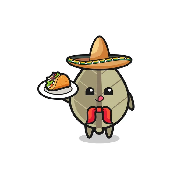 Torkade Blad Mexikanska Kock Maskot Håller Taco Söt Design — Stock vektor