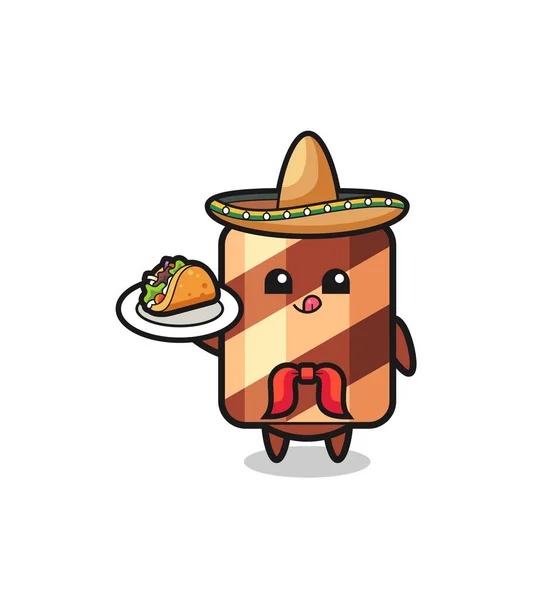 Wafer Roll Mascote Chef Mexicano Segurando Taco Design Bonito — Vetor de Stock