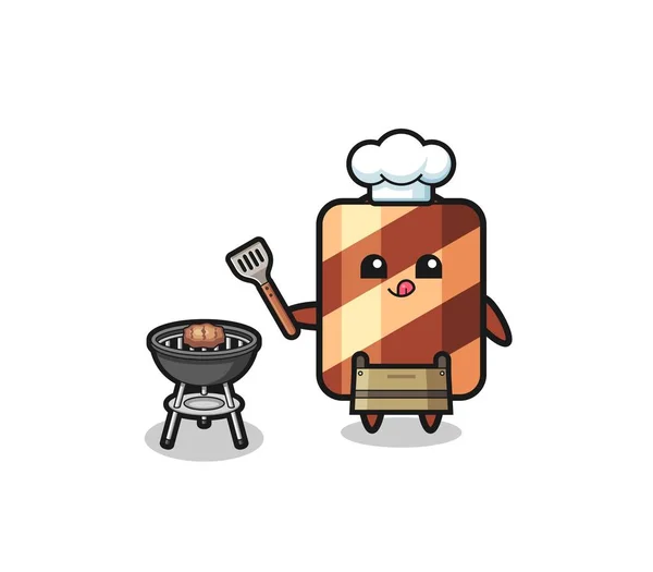 Wafer Roll Barbacoa Chef Con Una Parrilla Lindo Diseño — Vector de stock