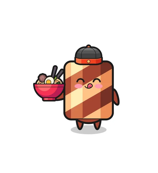 中華料理のマスコットとしてのウェーハロール麺ボウルを保持し かわいいデザイン — ストックベクタ