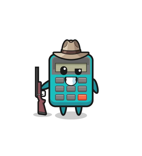 Calculator Hunter Mascot Holding Gun Cute Design — Stock Vector