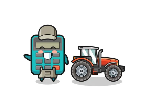 Mascota Agricultor Calculadora Pie Junto Tractor Lindo Diseño — Vector de stock