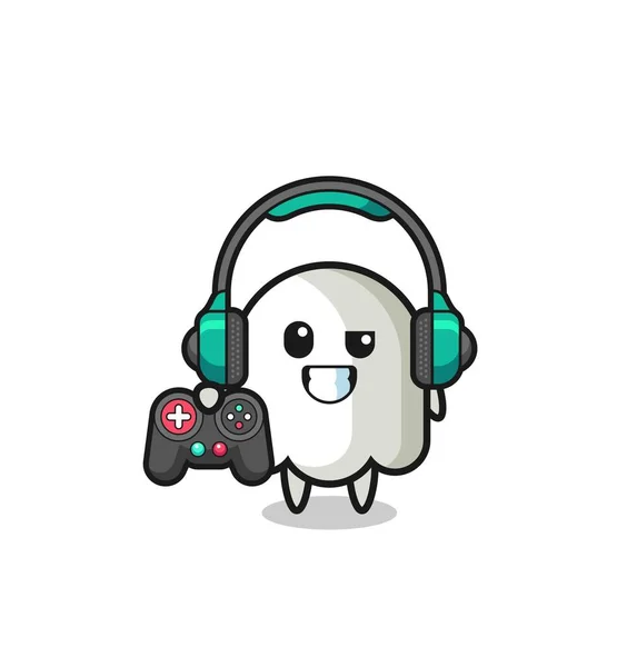 Mascotte Del Giocatore Fantasma Che Tiene Controller Gioco Design Carino — Vettoriale Stock