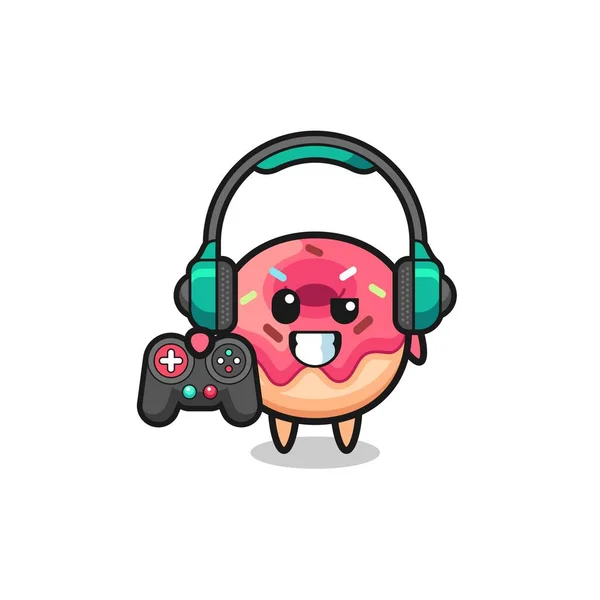 Donut Gamer Mascote Segurando Controlador Jogo Design Bonito — Vetor de Stock