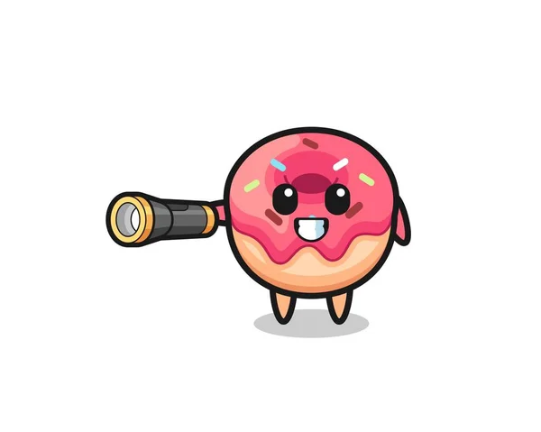 Donut Mascote Segurando Lanterna Projeto Bonito — Vetor de Stock