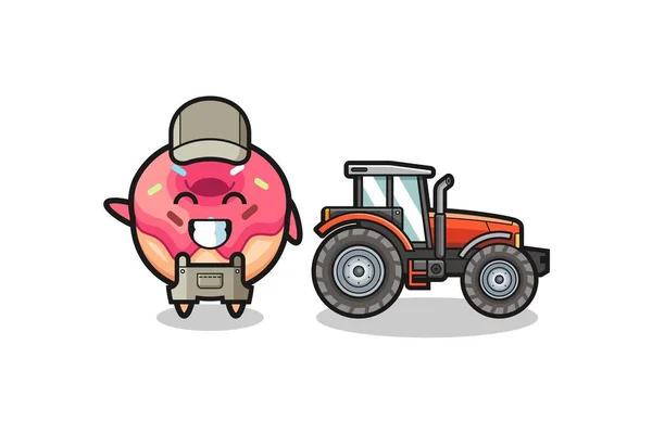 Tatlı Bir Tasarımla Traktörün Yanında Duran Donut Çiftçisi Maskotu — Stok Vektör