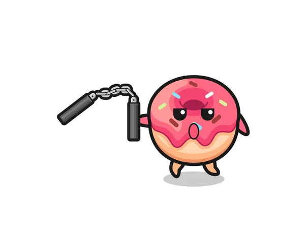 Desenho Animado Donut Usando Nunchaku Projeto Bonito —  Vetores de Stock