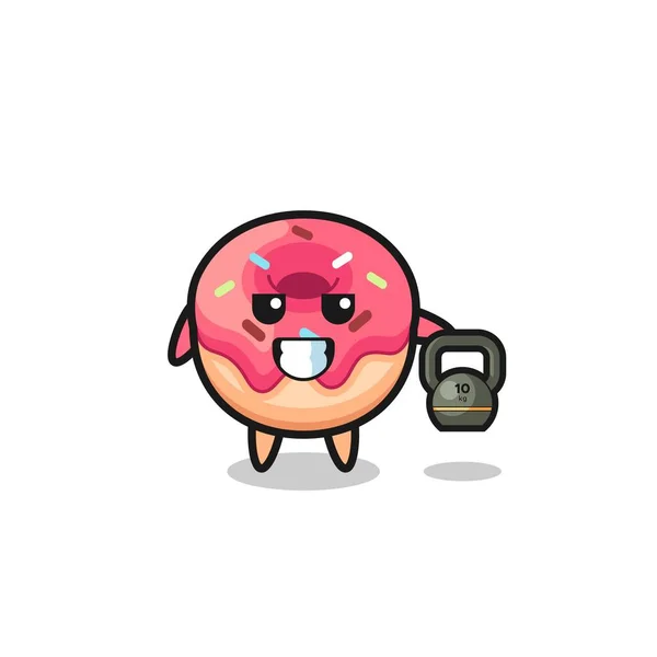 Donut Mascote Levantamento Kettlebell Ginásio Projeto Bonito —  Vetores de Stock