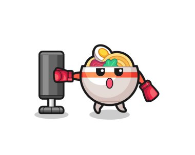 Erişte kasesi boksör çizgi filmi kum torbasıyla antrenman yapıyor, şirin tasarım.