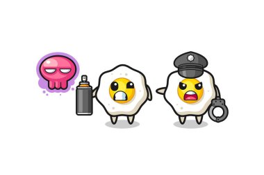 fried egg cartoon doing vandalism and caught by the police , cute design