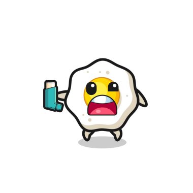 fried egg mascot having asthma while holding the inhaler , cute design