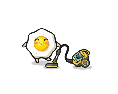 cute fried egg holding vacuum cleaner illustration , cute design