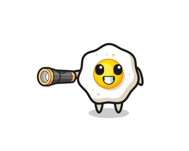 fried egg mascot holding flashlight , cute design