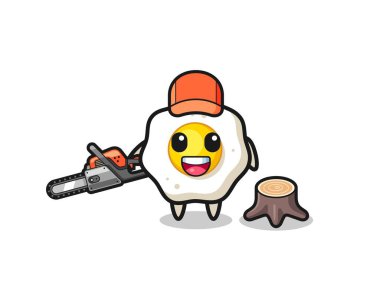 fried egg lumberjack character holding a chainsaw , cute design