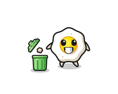 illustration of the fried egg throwing garbage in the trash can , cute design