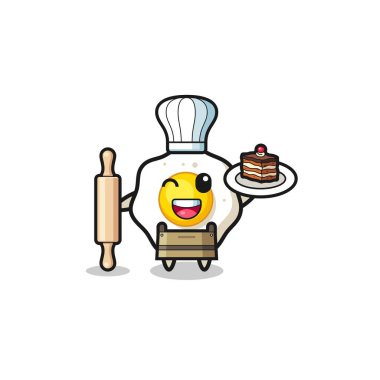 fried egg as pastry chef mascot hold rolling pin , cute design