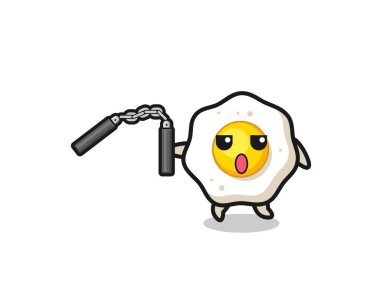 cartoon of fried egg using nunchaku , cute design
