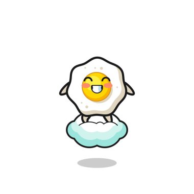 cute fried egg illustration riding a floating cloud , cute design
