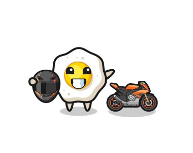 cute fried egg cartoon as a motorcycle racer , cute design