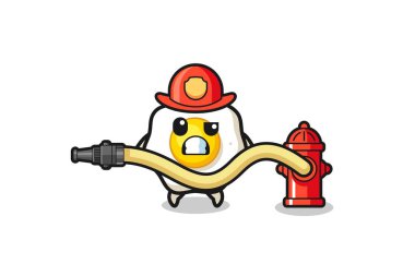 fried egg cartoon as firefighter mascot with water hose , cute design