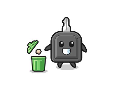 illustration of the car key throwing garbage in the trash can , cute design