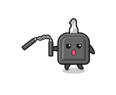 cartoon of car key using nunchaku , cute design