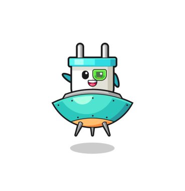 electric plug cartoon riding a future spaceship , cute design