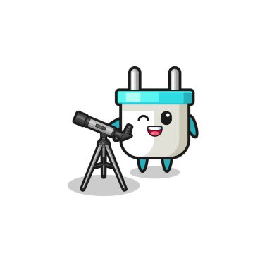 electric plug astronomer mascot with a modern telescope , cute design