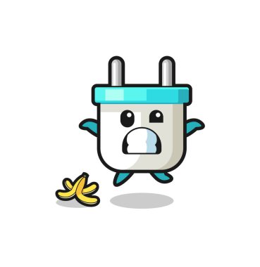 electric plug cartoon is slip on a banana peel , cute design