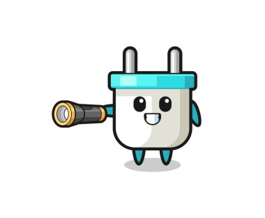 electric plug mascot holding flashlight , cute design