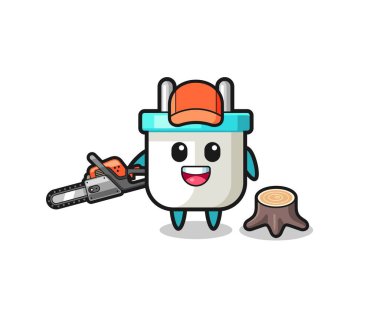 electric plug lumberjack character holding a chainsaw , cute design