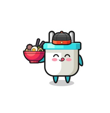 electric plug as Chinese chef mascot holding a noodle bowl , cute design