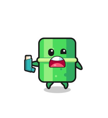bamboo mascot having asthma while holding the inhaler , cute design