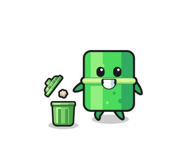 illustration of the bamboo throwing garbage in the trash can , cute design