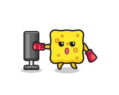sponge boxer cartoon doing training with punching bag , cute design