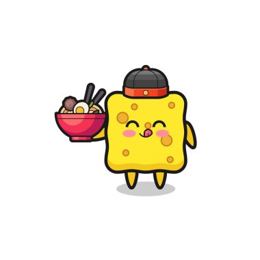 sponge as Chinese chef mascot holding a noodle bowl , cute design