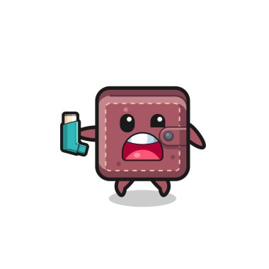 leather wallet mascot having asthma while holding the inhaler , cute design