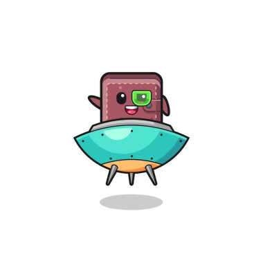 leather wallet cartoon riding a future spaceship , cute design
