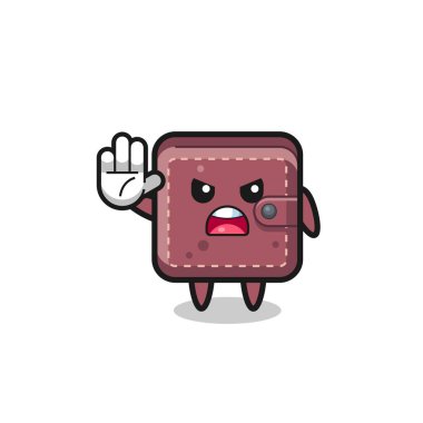 leather wallet character doing stop gesture , cute design
