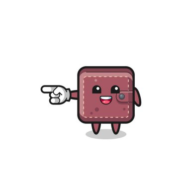 leather wallet cartoon with pointing left gesture , cute design