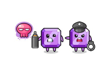 purple gemstone cartoon doing vandalism and caught by the police , cute design