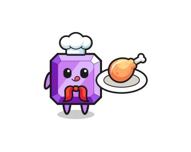 purple gemstone fried chicken chef cartoon character , cute design